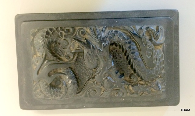 Chinese hardstone ink cover carved with enamelled dragons. 5 x 22 x 13cm