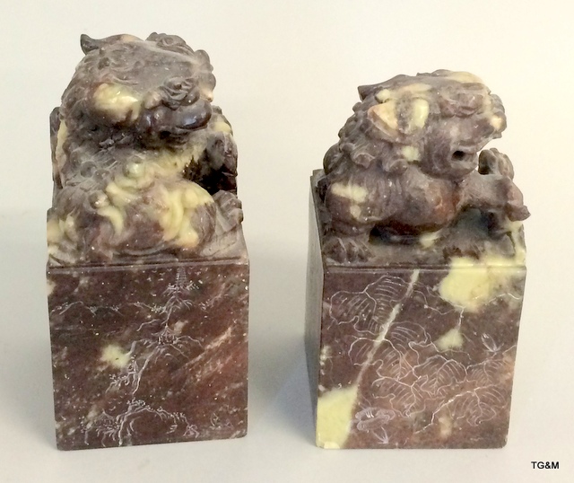 A pair of large Chinese soapstone desk seals with engraved decoration to all four sides. - Image 3 of 9