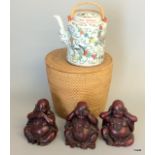 A Chinese teapot in its basket & 3 Buddha figures