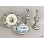 An Allertons England Chinese Lidded Tureen, A pair of Porcelain candlesticks and a porcelain