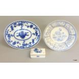A Delft English Blue & White Charger together with a Japan (lozenge marked) Charger with a Meissen