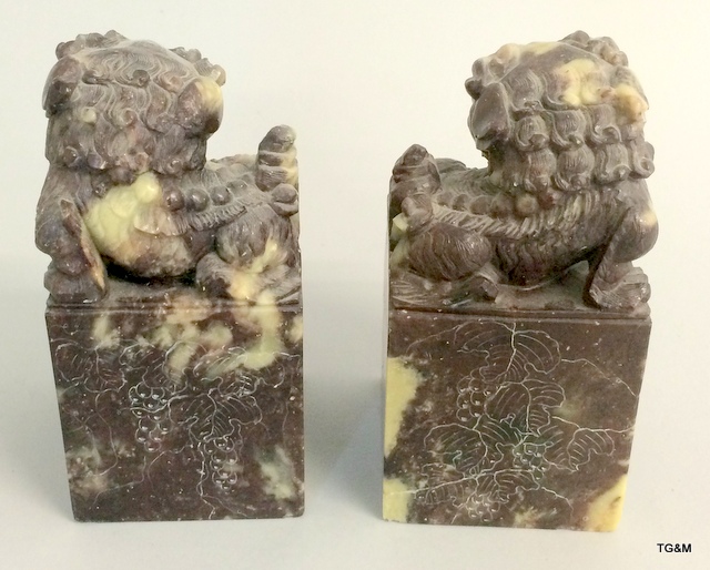 A pair of large Chinese soapstone desk seals with engraved decoration to all four sides. - Image 4 of 9