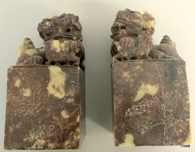 A pair of large Chinese soapstone desk seals with engraved decoration to all four sides. - Image 9 of 9