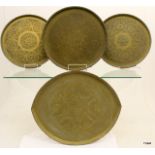 4 Eastern brass trays with engraved decoration, some Islamic script, largest 51cm in diameter