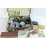 Suitcase full of misc curios to include English Delft tiles Chinese bowls lacquer box etc.