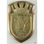 A solid bronze ships crest mounted on a wooden shield named to the barquentine four masted tall ship