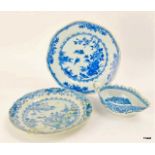 C18th Chinese Blue & White Porcelain plates and a sauce boat circa 1780 (A/F