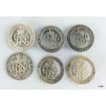 Six WW1 Silver War Badges for Services Rendered, numbered 392640, B136553, B78850, 308135,