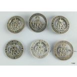 Six WW1 Silver War Badges for Services Rendered, numbered 129870, B144567, 25552, B52380, 105739 &