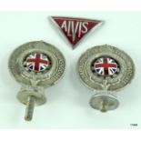 Two vintage RAC Royal Automobile Club Associate car badges numbered F30593 & F31469 and a chrome &