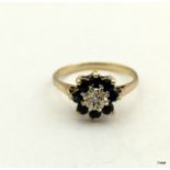 9ct gold ladies diamond and sapphire cluster ring size N