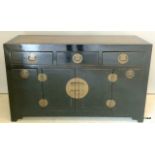 Chinese black lacquer side cabinet with 5 drawers, full cupboard and straw effect top. 83 x 137 x