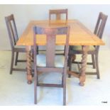 Light oak barley twist draw leaf table with 4 oak barley twist drop seated chairs 75x150x90 cm