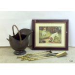 Coal scuttle and fire companion and a Jack Rusell Print