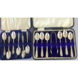 2 sets of silver teaspoon to include one with tongs in fitted case London 1902 Josiah Williams &