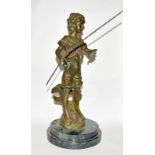 A bronzed figure of a fisher boy, set on a marble base. 40cm high