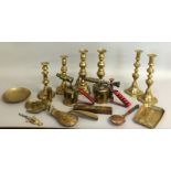 Collection of Victorian brass items to include candlesticks and blow torch