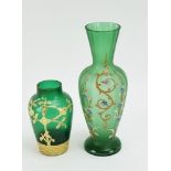 Two Art Nouveau green glass vases with enamel & gilt decoration