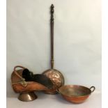 Copper Helmet coal scuttle , copper warming pan and a copper handled bowl