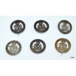 Six WW1 Silver War Badges for Services Rendered, numbered B224407, B131606, B284079, 231596,