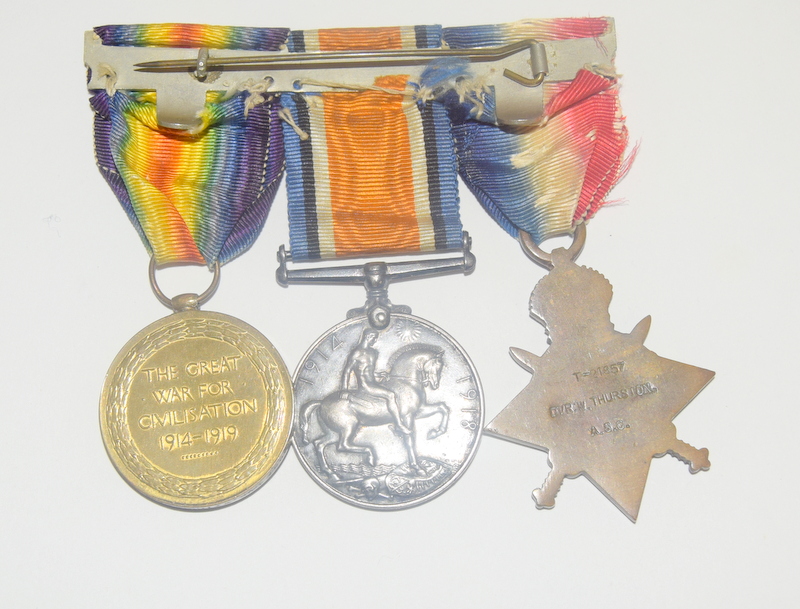 A mounted WW1 Mons Star with clasp medal trio named to T-21857 Driver W Thurston of the Army Service - Image 3 of 4