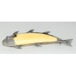 White metal mounted Ivory brooch in the shape of a fish