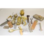 Mixed curios to included brass door fittings telephone hand set, pewter glass case spring scales,