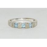 9ct white gold ladies diamond and aquamarine ring size P