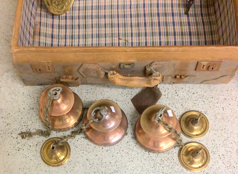 Travelling trunk, brass coal bucket ,bellows brass ceiling lights ,bellows fire companions and a - Image 2 of 6