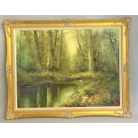 Wooded river landscape scene oil on canvas signed 75x90cm