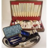 Silver plate oak cased set of cutlery as new together with silver plate serving items