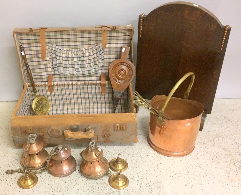 Travelling trunk, brass coal bucket ,bellows brass ceiling lights ,bellows fire companions and a