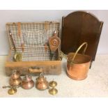 Travelling trunk, brass coal bucket ,bellows brass ceiling lights ,bellows fire companions and a