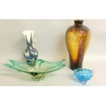 4 glass Vases and dishes to include an early Victorian Murano twin fish handled dish