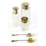 Silver top glass shaker silver top salt shaker silver spoons etc