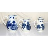 Worcester first period graduated jugs depicting Chinese scene in blue and white decoration ,