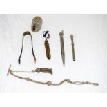 Silver items ,pencils watch chain ,page marker ,walking stick top, sugar tongs etc