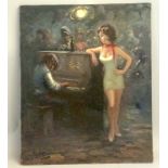 Istor-a' lady standing' in a bar oil on canvas unframed signed 75x60cm