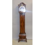 Walnut chiming grandfather clock of small proportions with keys and pendulum