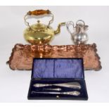 Art Nouveau Copper square tray in the Newlyn style with a copper kettle and other items to include