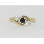 9ct gold ladies 3 stone diamond and sapphire ring size N