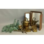 Box of curios to include brassware, gilt edged mirror and vintage Schweppes water bottles