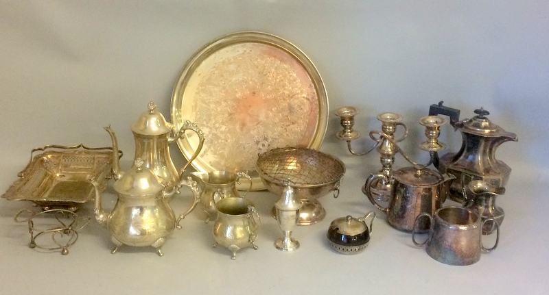 Mix silver plate to include trays candelabras coffee pots etc