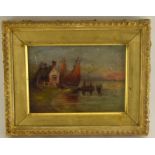 Victorian Dutch Slate painting of barges on a lake scene in a gilt frame