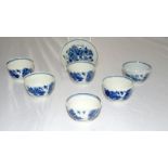 6 Worcester Tea bowls and a pin dish ,all in blue and white decoration with Chinese scene and a