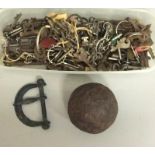 Old canon ball, medieval belt buckle and large amount of old keys