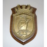 A solid bronze ships crest mounted on a wooden shield named to the barquentine four masted tall ship