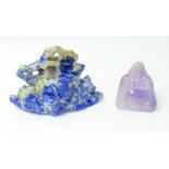 A lapis lazuli frog carving together with a possibly Blue John Buddha