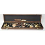 Wooden tool box with a collection of curiose to include silver jewellery