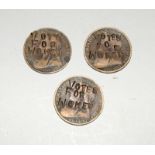Three late Victorian Suffragette Votes for Women defaced pennies